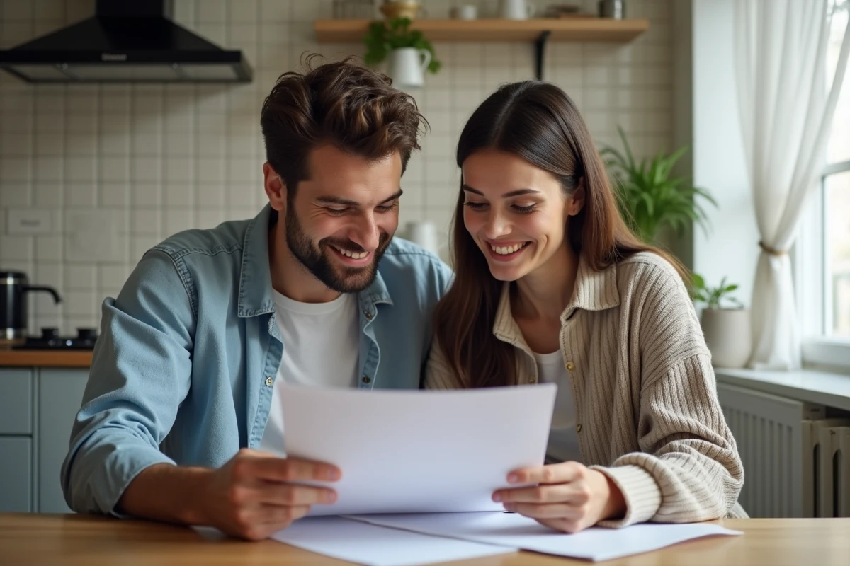Couple consultant des documents de demande de logement HLM dans une cuisine d'appartement parisien