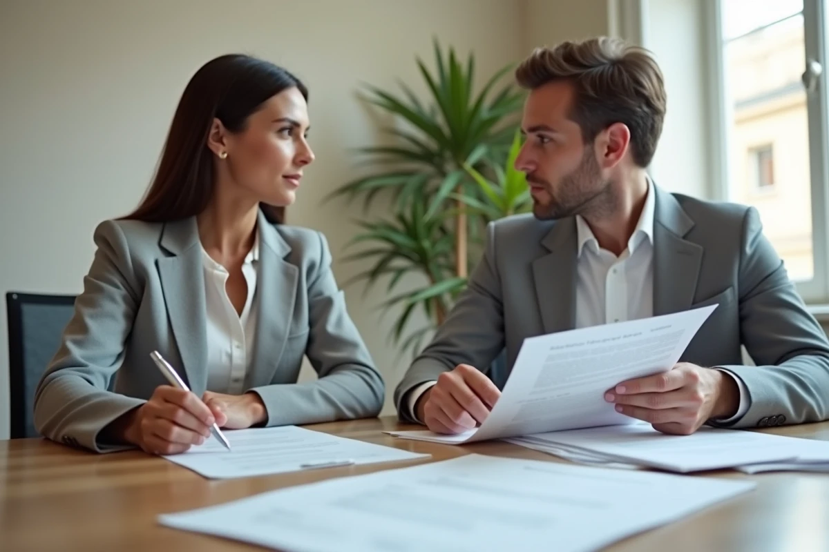 Couple consultant des documents pour un achat immobilier à crédit chez un notaire à Limoges