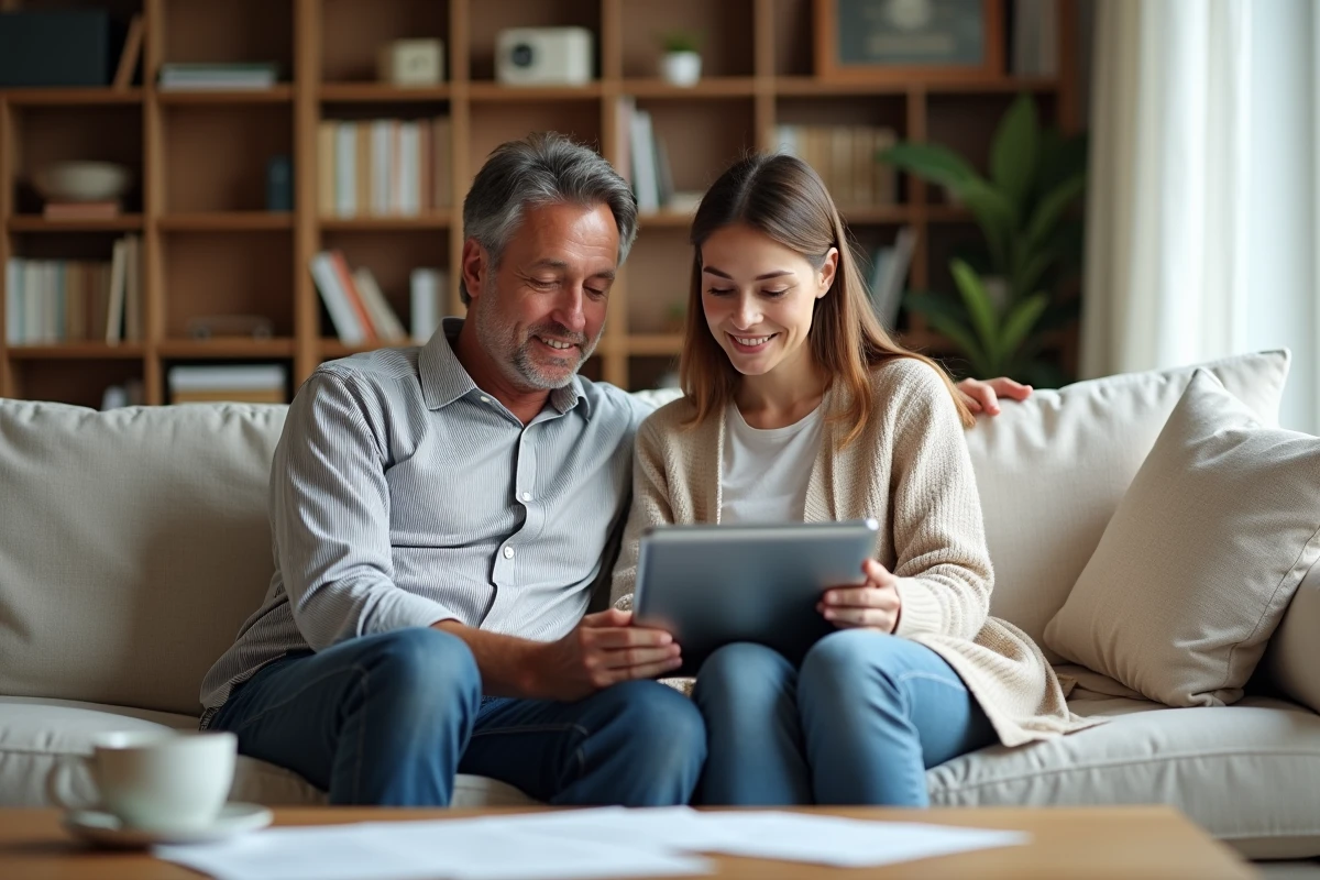 Couple consultant ensemble leurs charges de copropriété sur tablette via le portail MyFoncia
