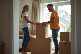Couple d'adultes organisant des cartons dans leur salon