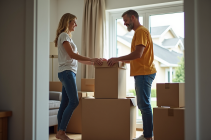 Couple d'adultes organisant des cartons dans leur salon