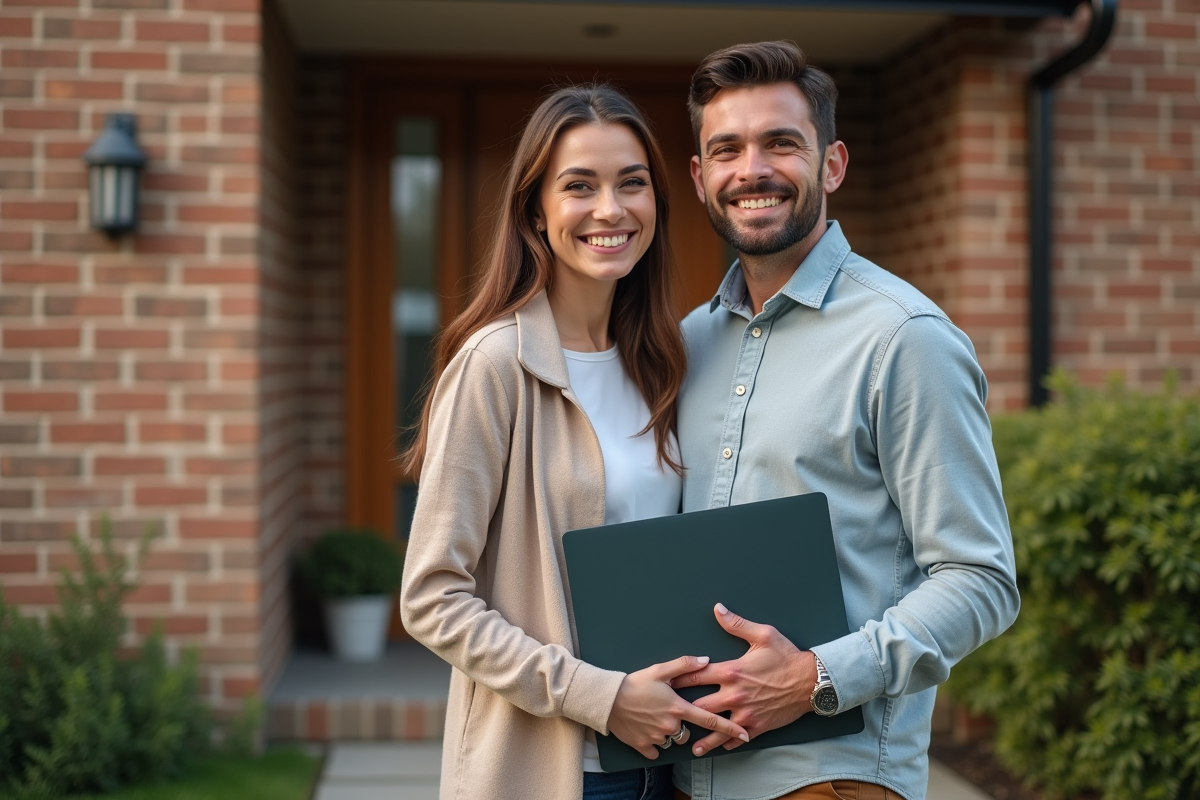 Jeune couple souriant devant leur maison avec dossier d