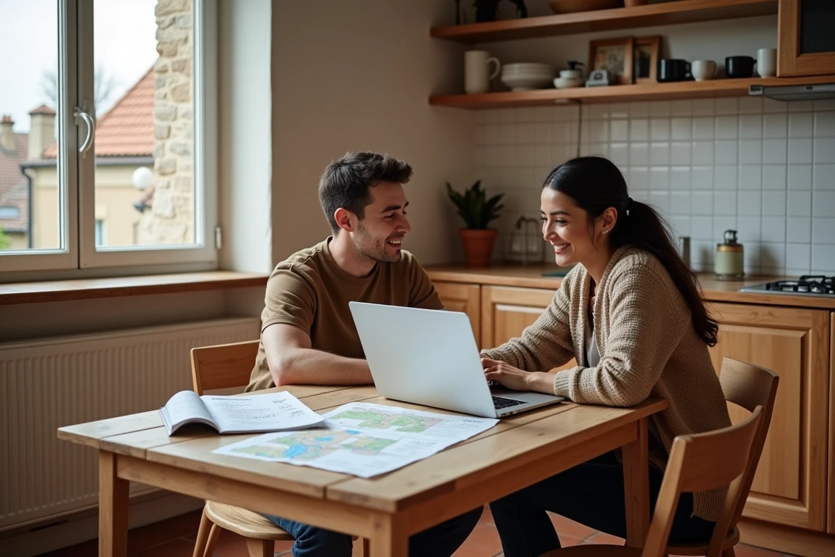Couple étudiant une estimation immobilière en ligne dans un appartement lyonnais avec carte des prix du quartier