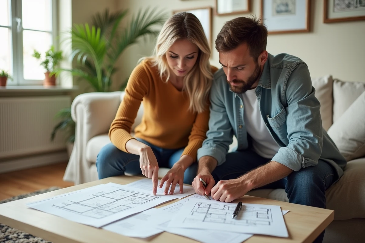Couple examinant ensemble le formulaire 3233-SD et des documents de copropriété sur une table basse