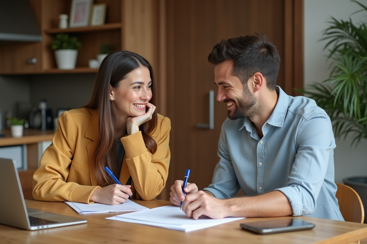Jeune couple souriant examinant un accord financier à la maison