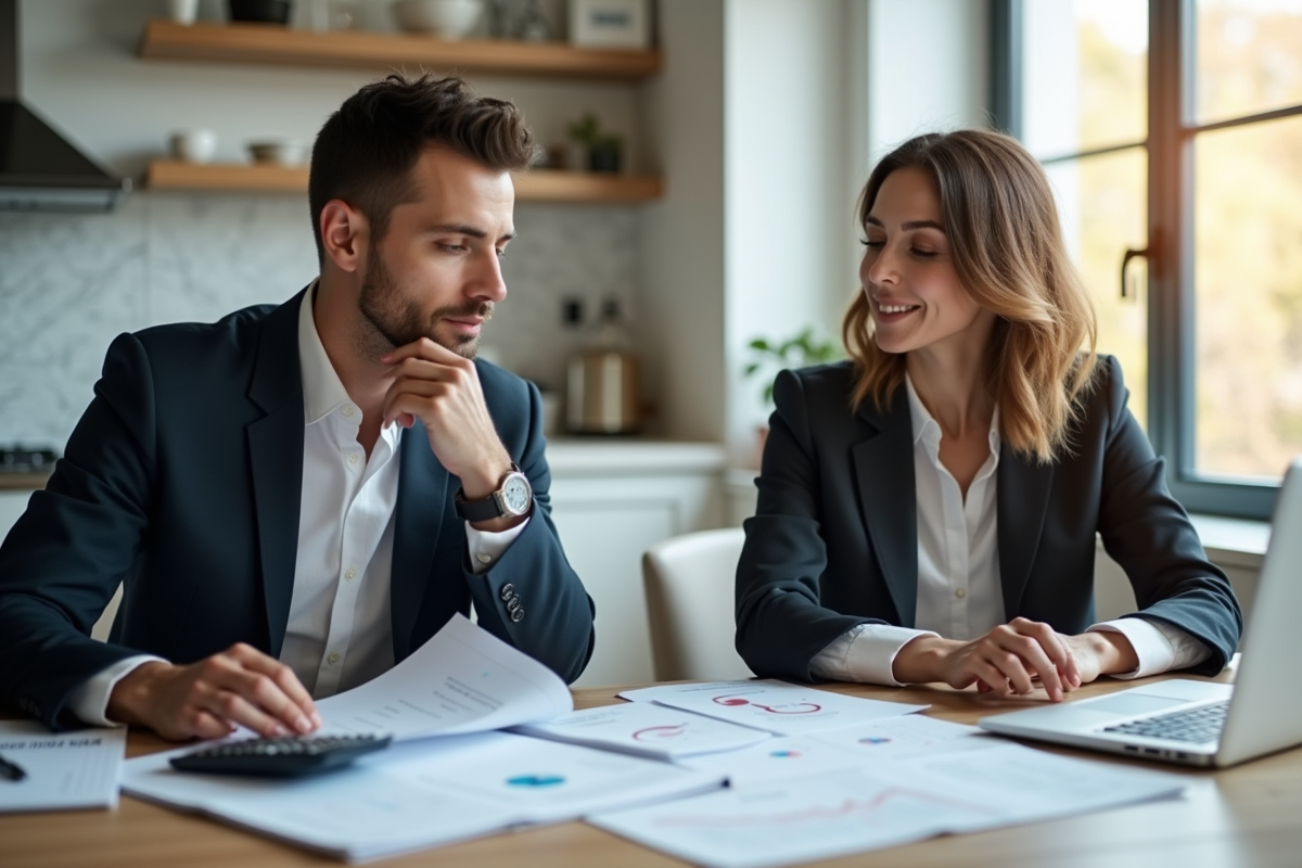 Couple professionnel discutant de finances à la maison