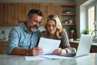 Couple discutant de documents immobiliers dans une cuisine moderne