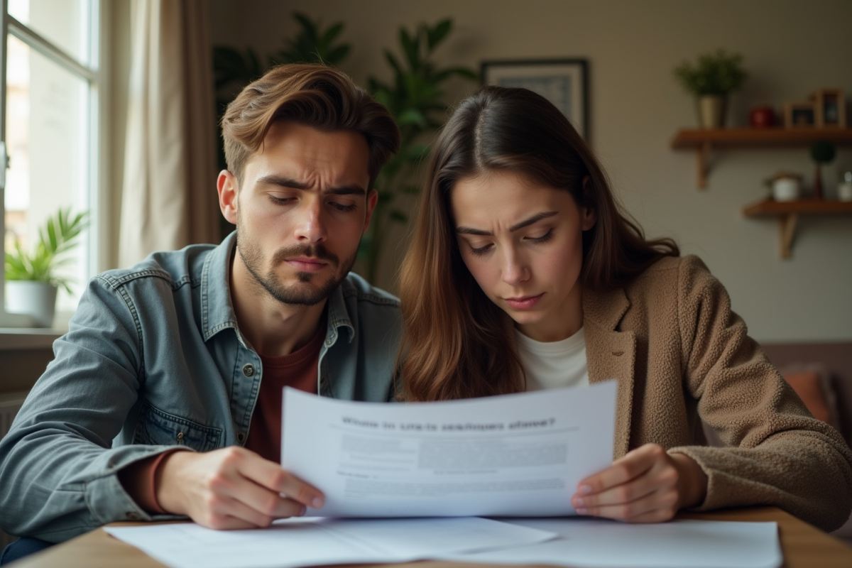 Jeune couple préoccupé examinant des avis de retard de loyer à la maison