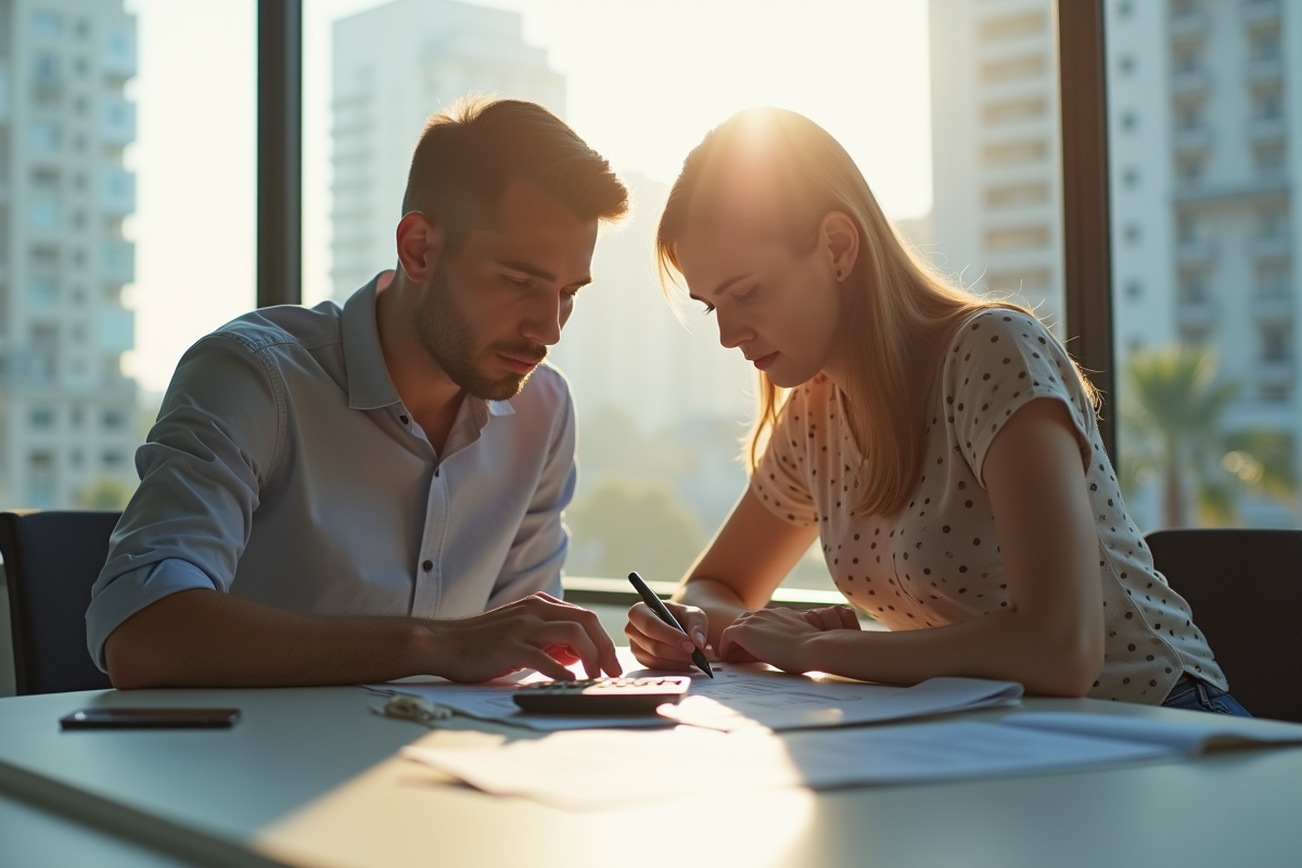Jeune couple professionnel examinant des documents immobiliers