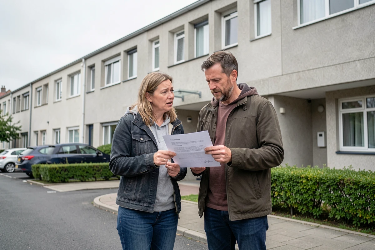 Couple tenant une lettre d'avis favorable devant un immeuble de logement social