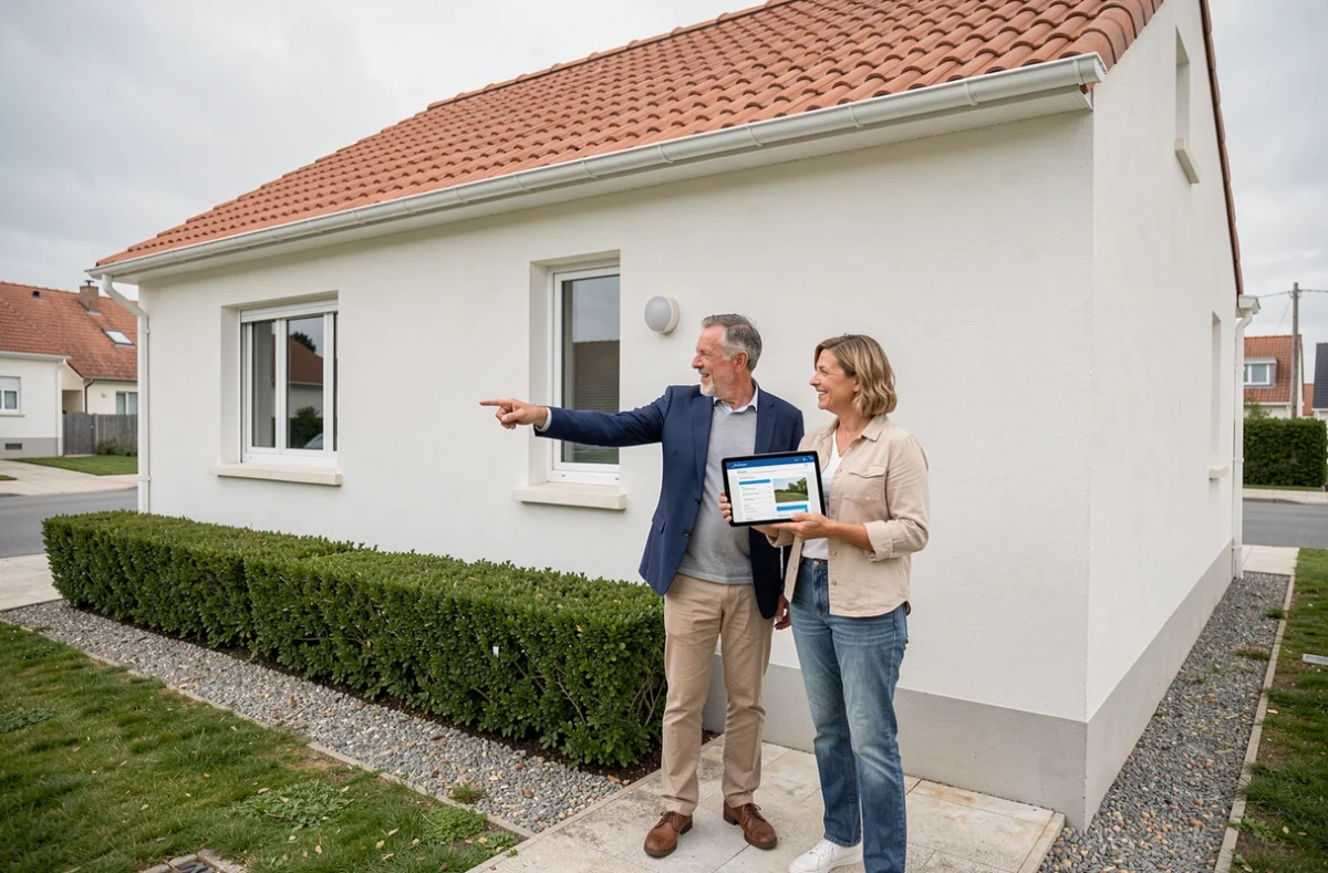 Couple devant une maison vendéenne comparant des contrats d'assurance habitation sur tablette
