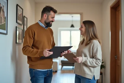Couple dans l'entr&eacute;e d'une maison &agrave; Metz avec documents immobiliers