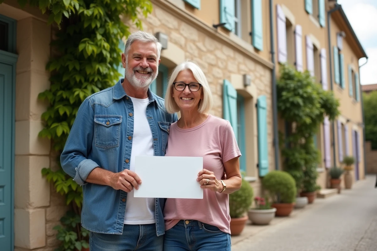 Couple heureux devant une maison à Perpignan avec panneau vendu