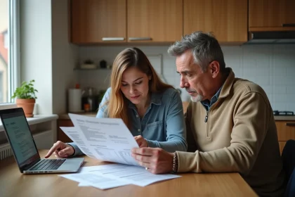 Couple de parents consultant une annonce de logement social sur ordinateur dans leur cuisine