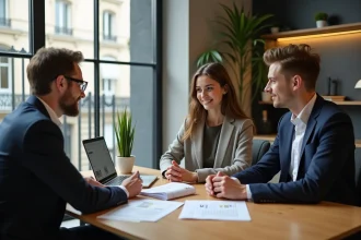 Jeune couple discutant avec un conseiller immobilier Orpi dans une agence parisienne pour un premier achat immobilier