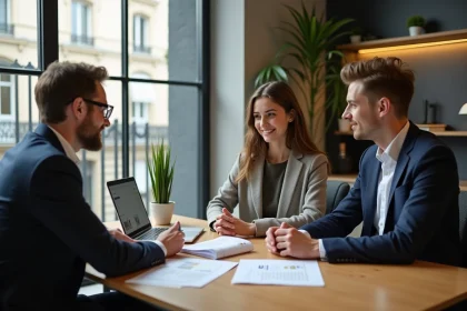 Jeune couple discutant avec un conseiller immobilier Orpi dans une agence parisienne pour un premier achat immobilier