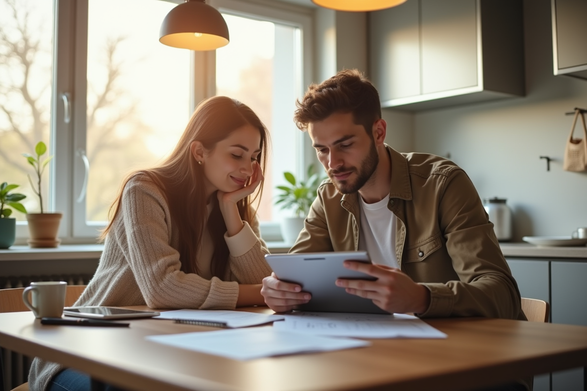 Jeune couple discutant d'un prêt immobilier dans un appartement lumineux