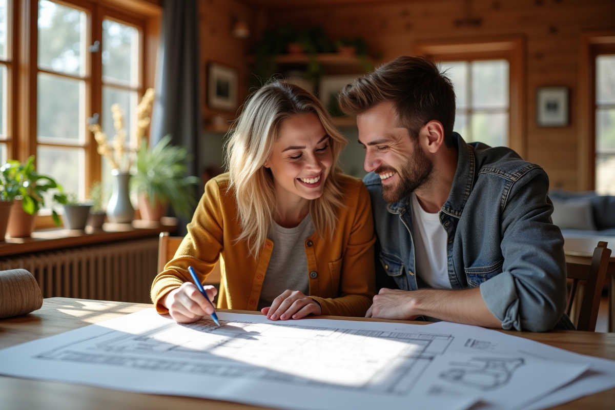 Couple souriant avec plans et documents financiers pour guesthouse