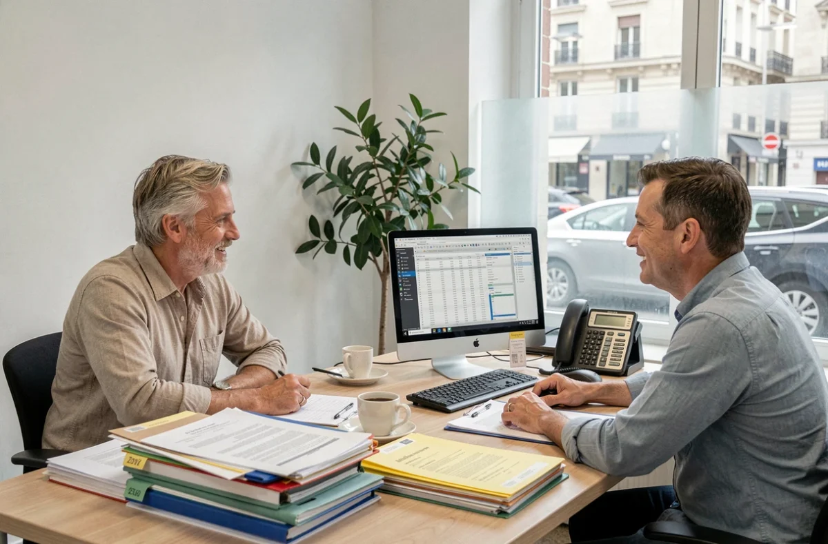 Couple de propriétaires de gîte en rendez-vous avec un comptable pour comprendre le régime fiscal Itea