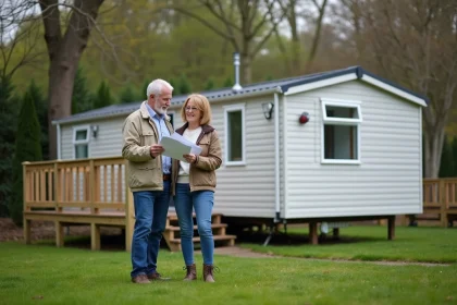 Couple de propriétaires examinant des documents devant leur mobil-home sur une parcelle de terrain verdoyante