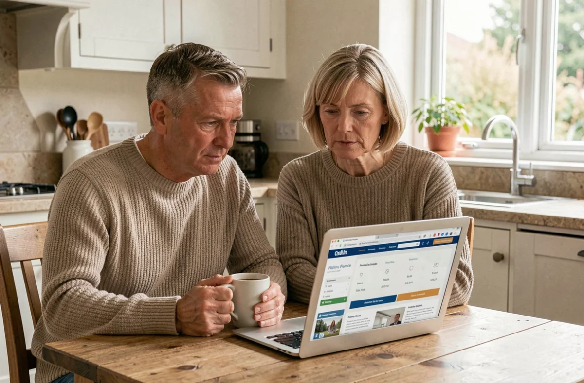 Couple de propriétaires non occupants comparant des devis d'assurance habitation sur un ordinateur portable