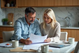 Couple français examine plans de rénovation et documents hypothécaire