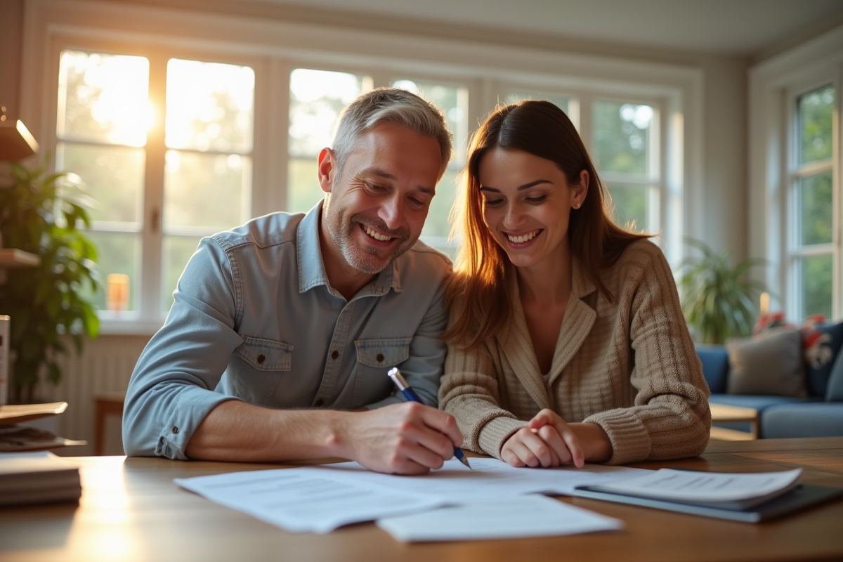 Couple souriant dans le salon rénové avec documents fiscaux