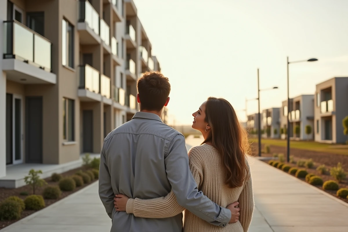 Couple de futurs locataires devant une résidence neuve éligible au dispositif Pinel en zone tendue