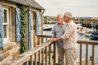 Couple de retraités devant une maison de pêcheur en pierre avec volets bleus au bord d'un port de pêche