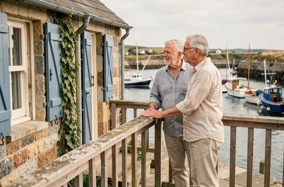Couple de retraités devant une maison de pêcheur en pierre avec volets bleus au bord d'un port de pêche