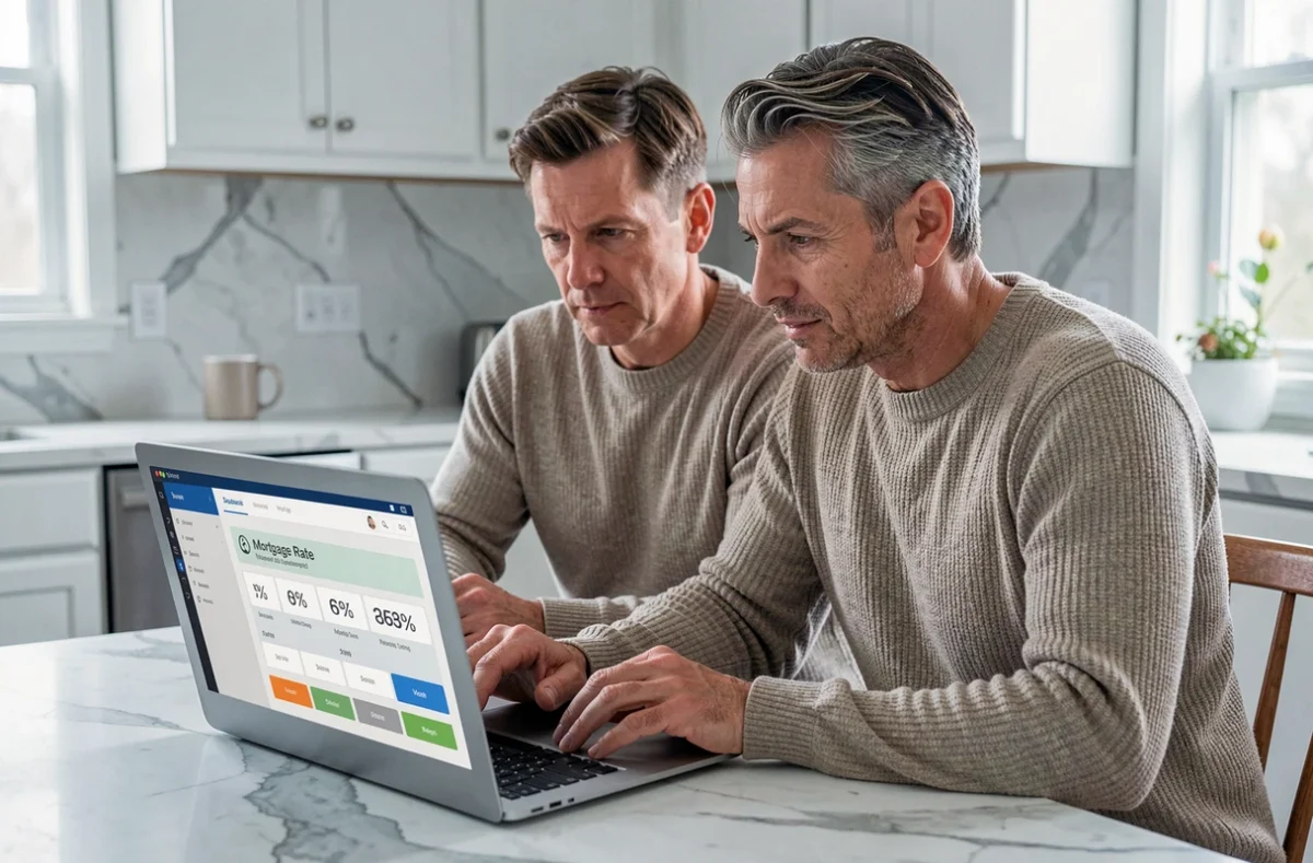 Couple utilisant un simulateur de taux immobilier CASDEN sur ordinateur portable dans une cuisine moderne