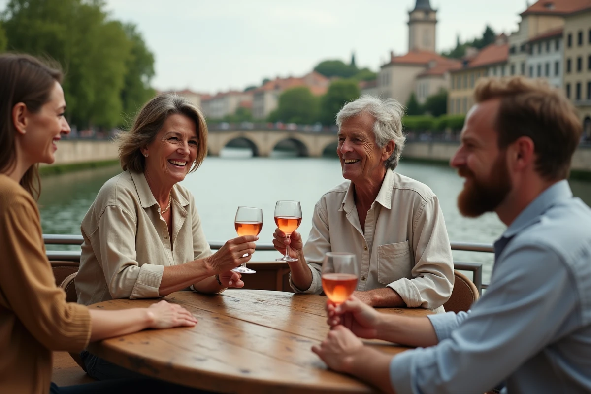 Groupe d'amis dégustant du vin sur le pont d'une péniche en croisière sur le Rhône à Lyon