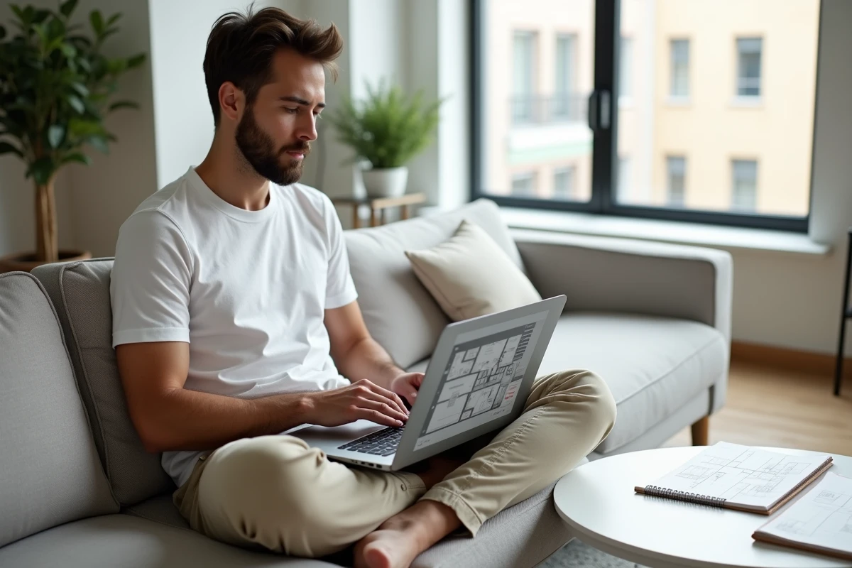 Jeune homme débutant un plan de coupe sur logiciel gratuit en ligne depuis son salon