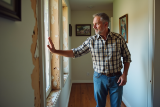 Hommes examine des dégâts d'eau sur un mur intérieur