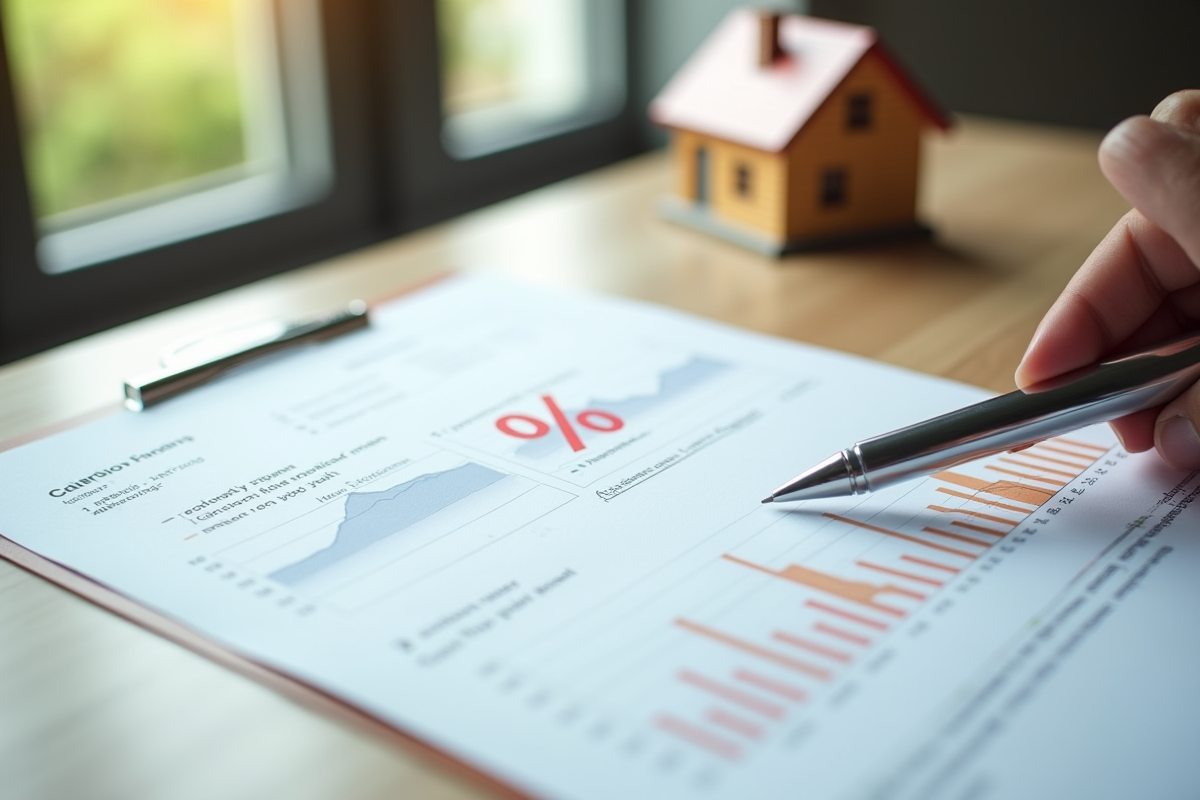 Document financier avec maison miniature et stylo sur bureau