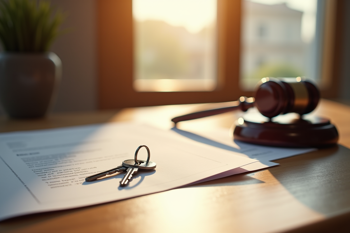 Documents juridiques clés et marteau sur un bureau en bois