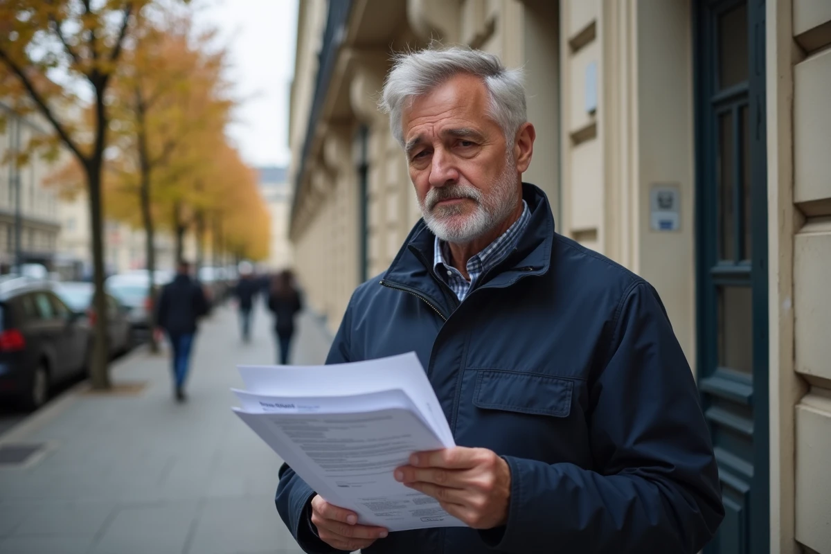 Homme tenant un dossier de demande HLM devant un bureau de logement social à Paris