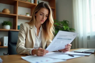 Femme consultant son dossier de location pour un appartement à Concarneau, assise à un bureau avec des documents administratifs