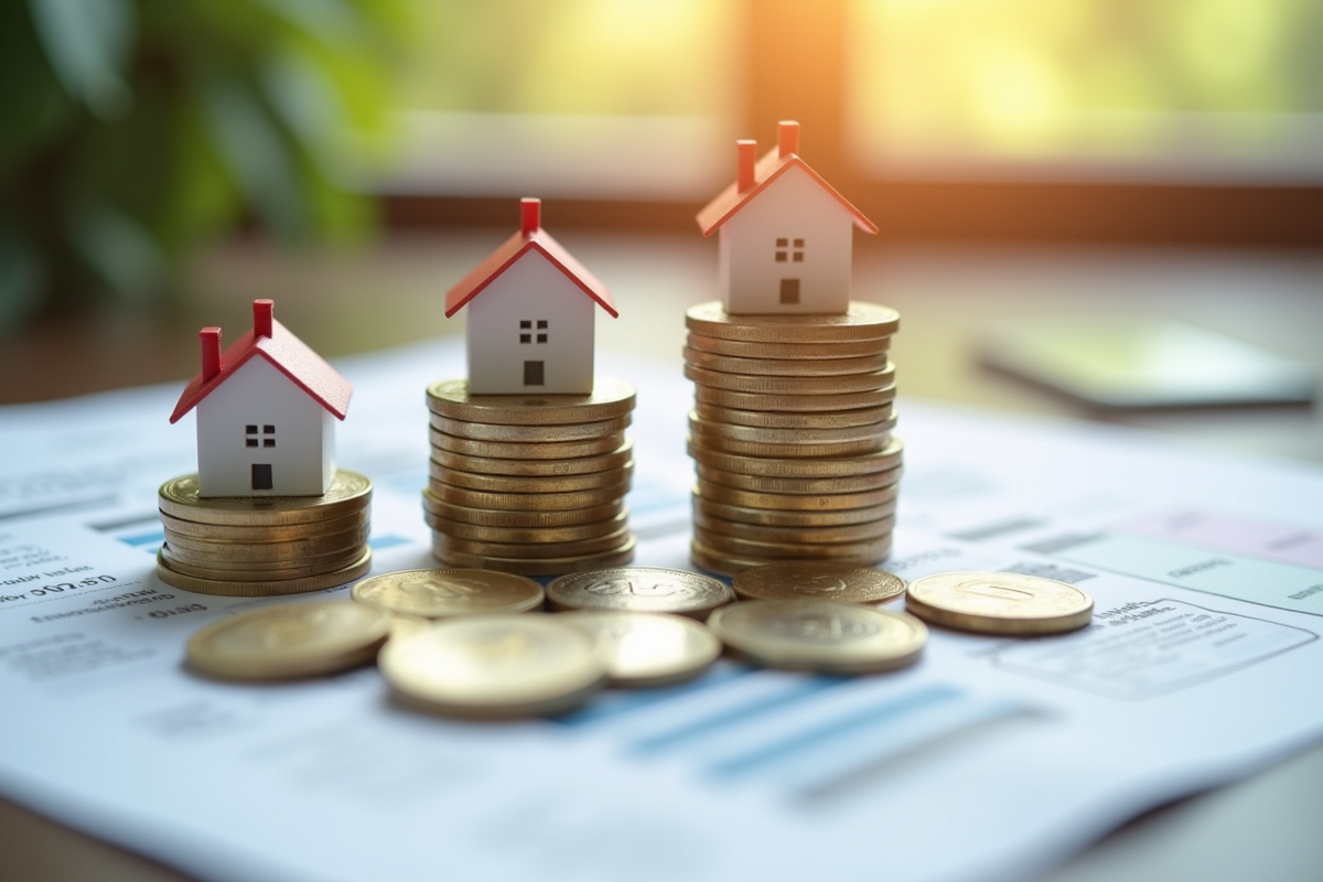 Pièces de monnaie et petites maisons sur des documents de prêt immobilier