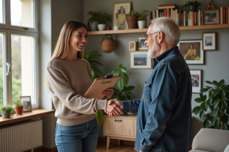 Femme souriante serre la main d'un homme âgé dans un salon chaleureux