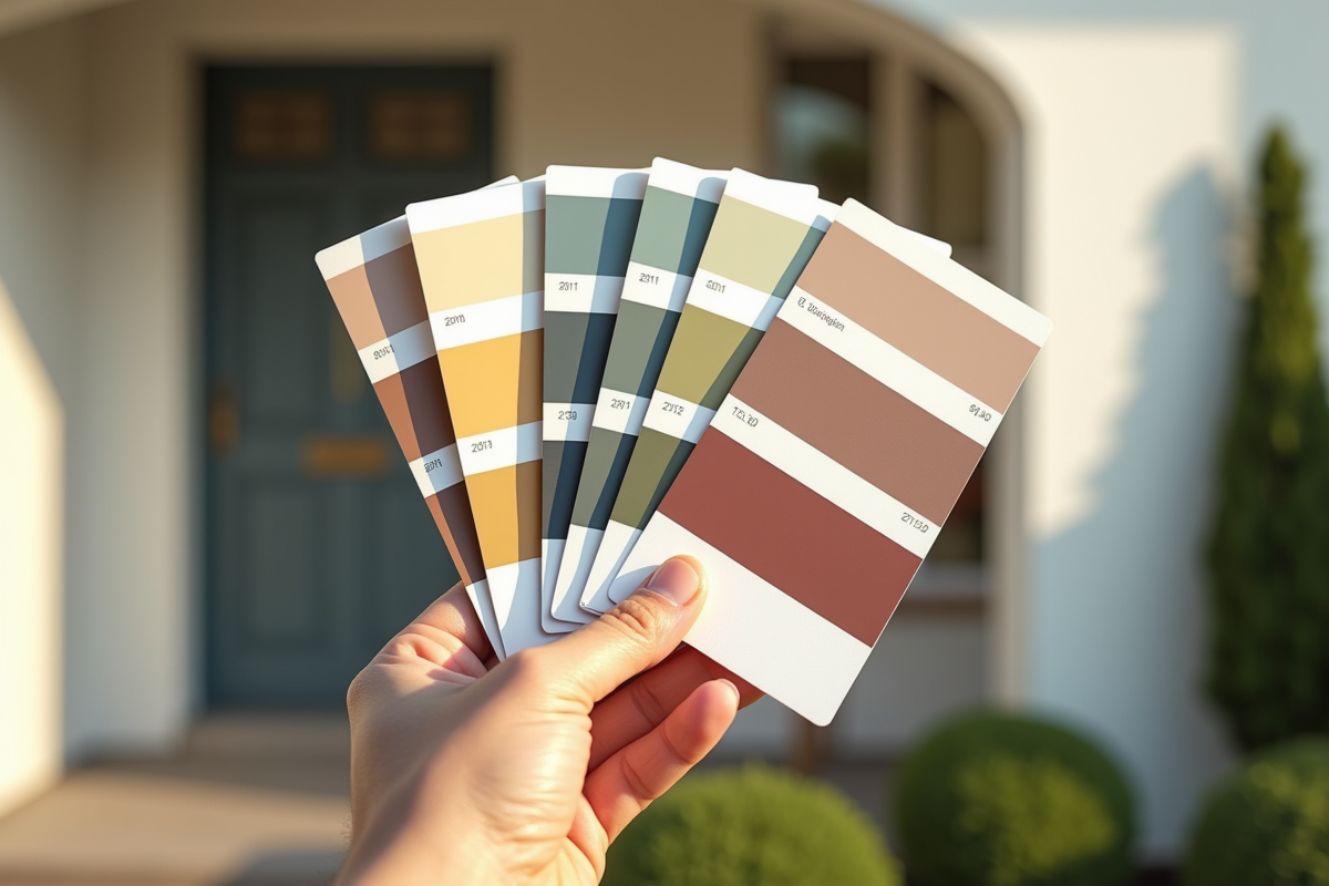 Echantillons de peinture et échantillons de couleurs contre une façade rénovée