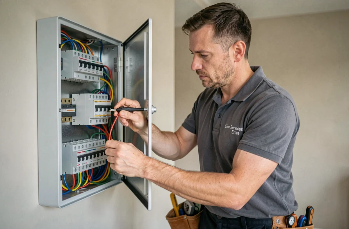 Électricien Élec Services Erdre câblant un tableau électrique dans une habitation rénovée