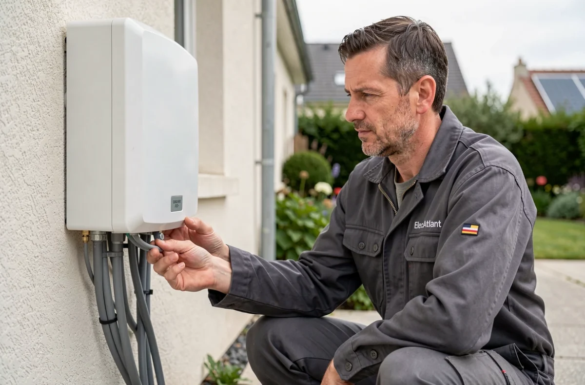 Électricien ElecAtlant raccordant un onduleur photovoltaïque sur la facade extérieure d'une maison
