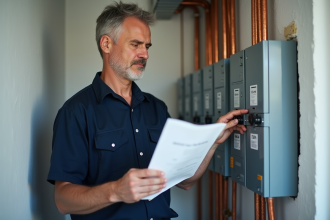 Électricien homme examine un panneau électrique moderne