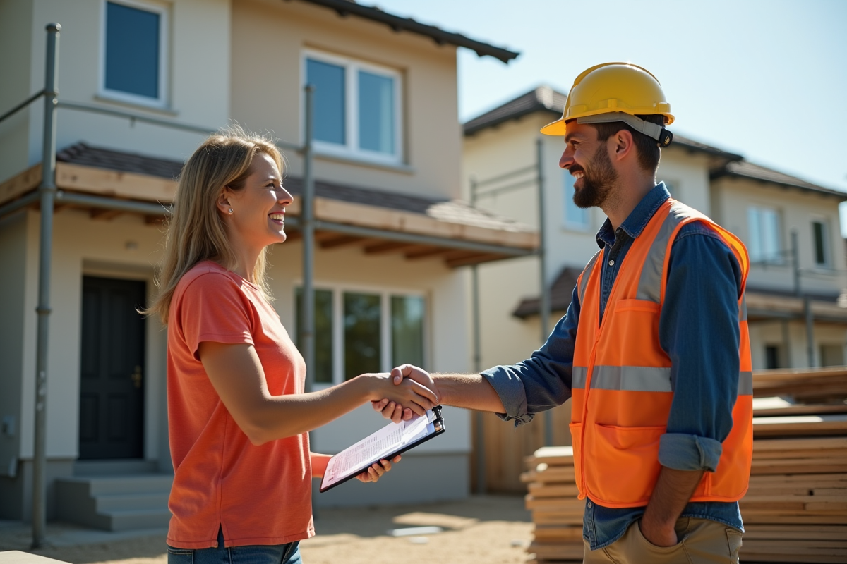 Entrepreneur et propriétaire devant maison en rénovation en plein jour