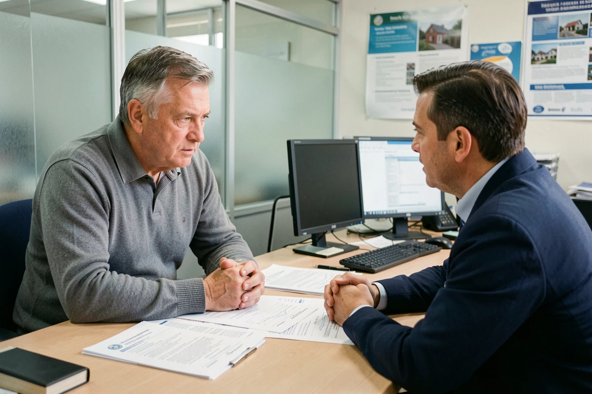 Homme discutant de son dossier d'attribution de logement avec un conseiller en office HLM