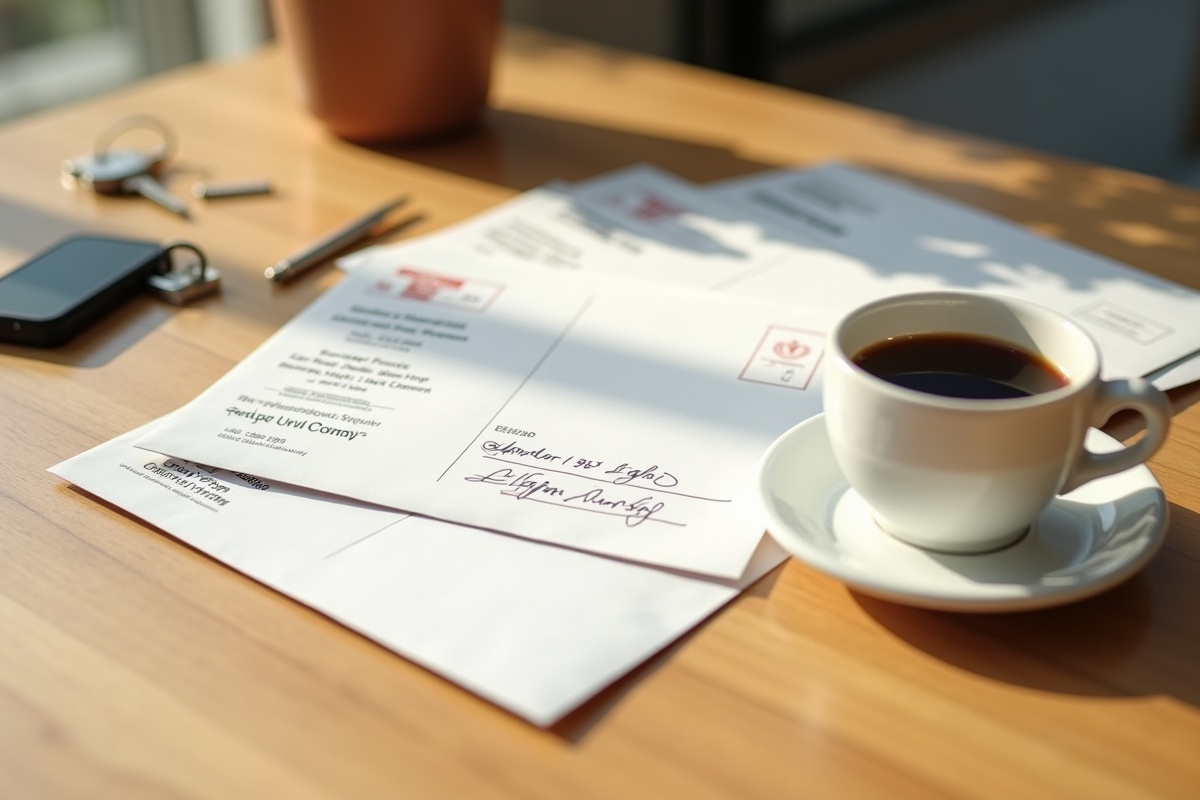 Enveloppes et cartes postales sur une table en bois en matinée
