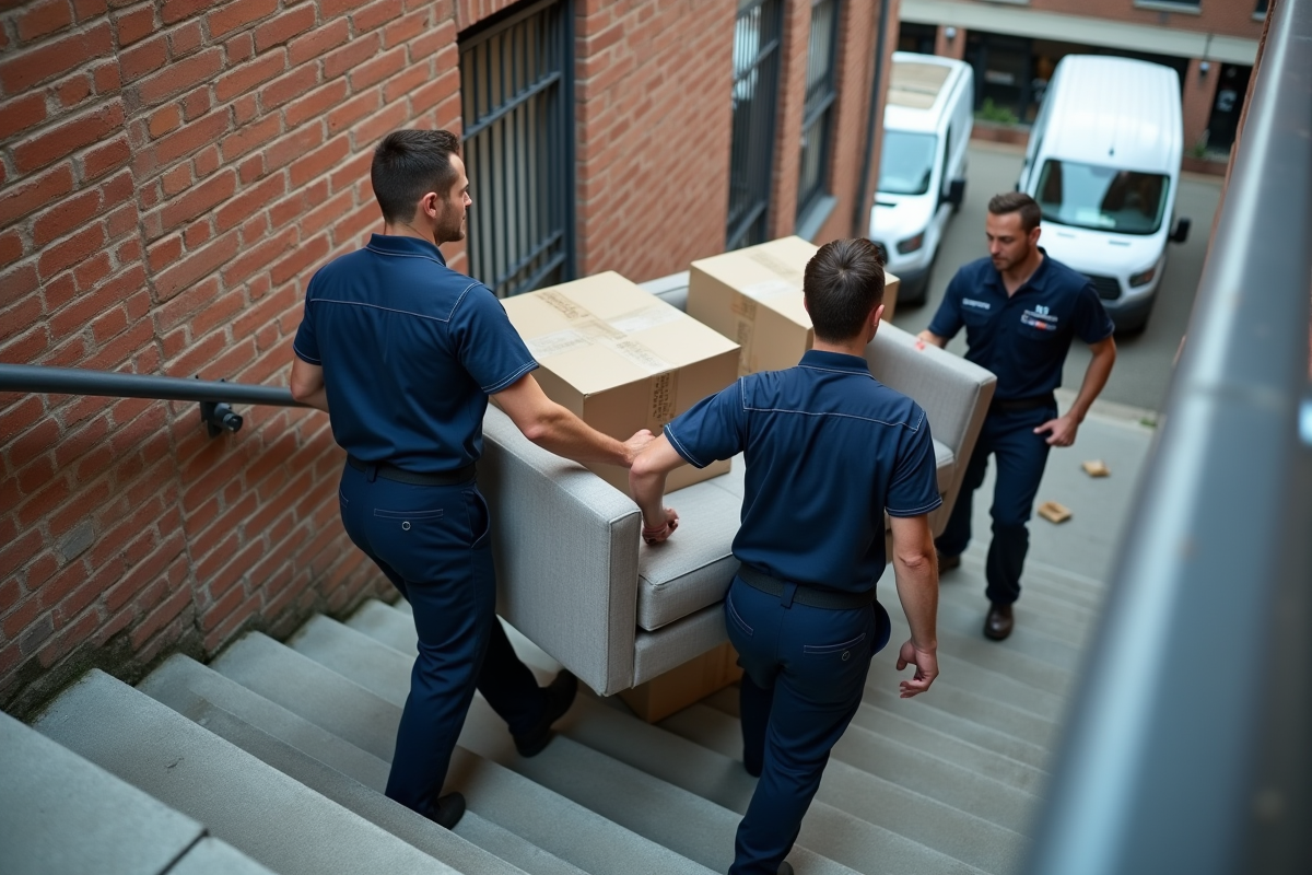 Equipe de déménageurs portant un canapé dans un immeuble urbain