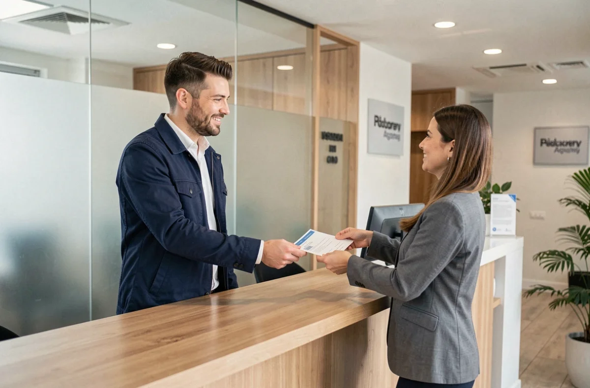 Locataire déposant des documents à l'agence Foncia lors d'une visite en espace client classique