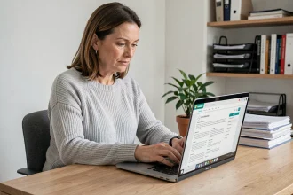 Femme utilisant un espace client en ligne pour gérer ses biens immobiliers via Foncia sur un ordinateur portable